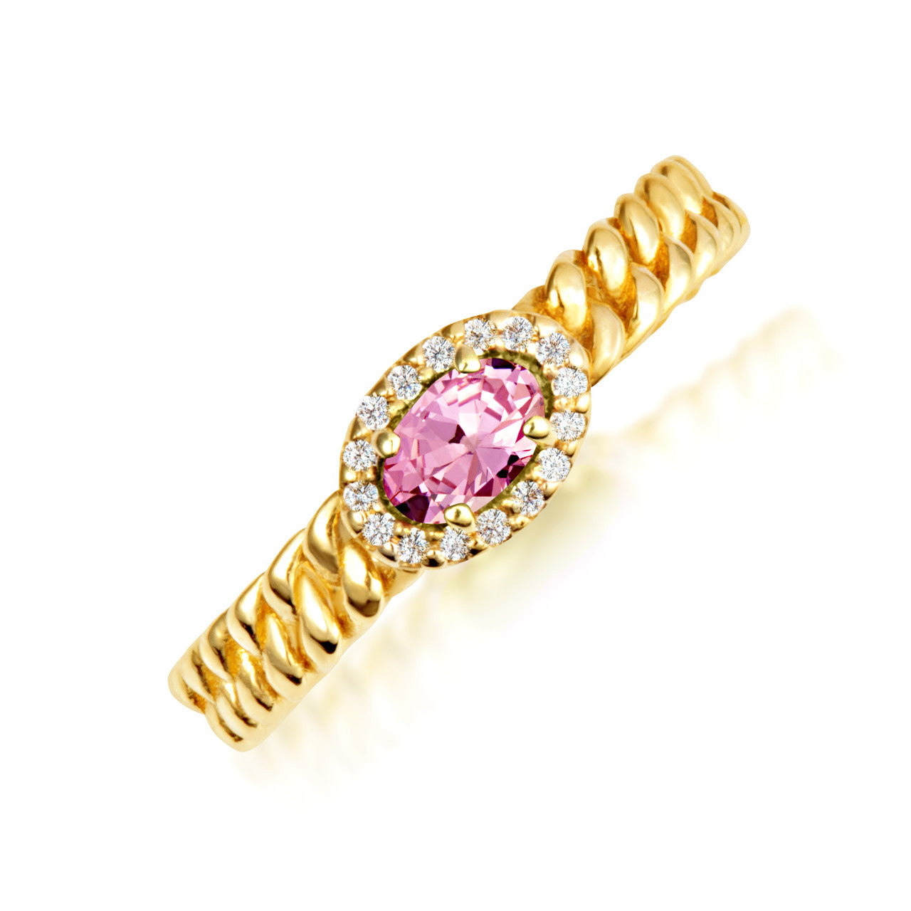 Gold Oval Gemstone Diamond Halo Cuban Chain Link Ring (Available in Yellow /Rose/White Gold)
