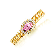 Gold Oval Gemstone Diamond Halo Cuban Chain Link Ring (Available in Yellow /Rose/White Gold)