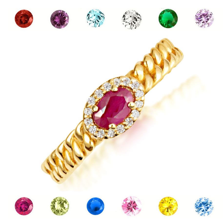 Gold Oval Gemstone Diamond Halo Cuban Chain Link Ring (Available in Yellow /Rose/White Gold)