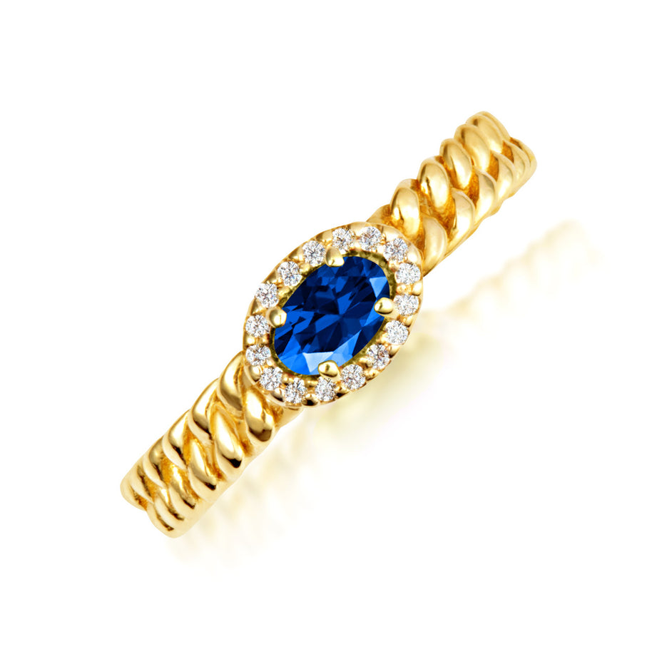 Gold Oval Gemstone Diamond Halo Cuban Chain Link Ring (Available in Yellow /Rose/White Gold)