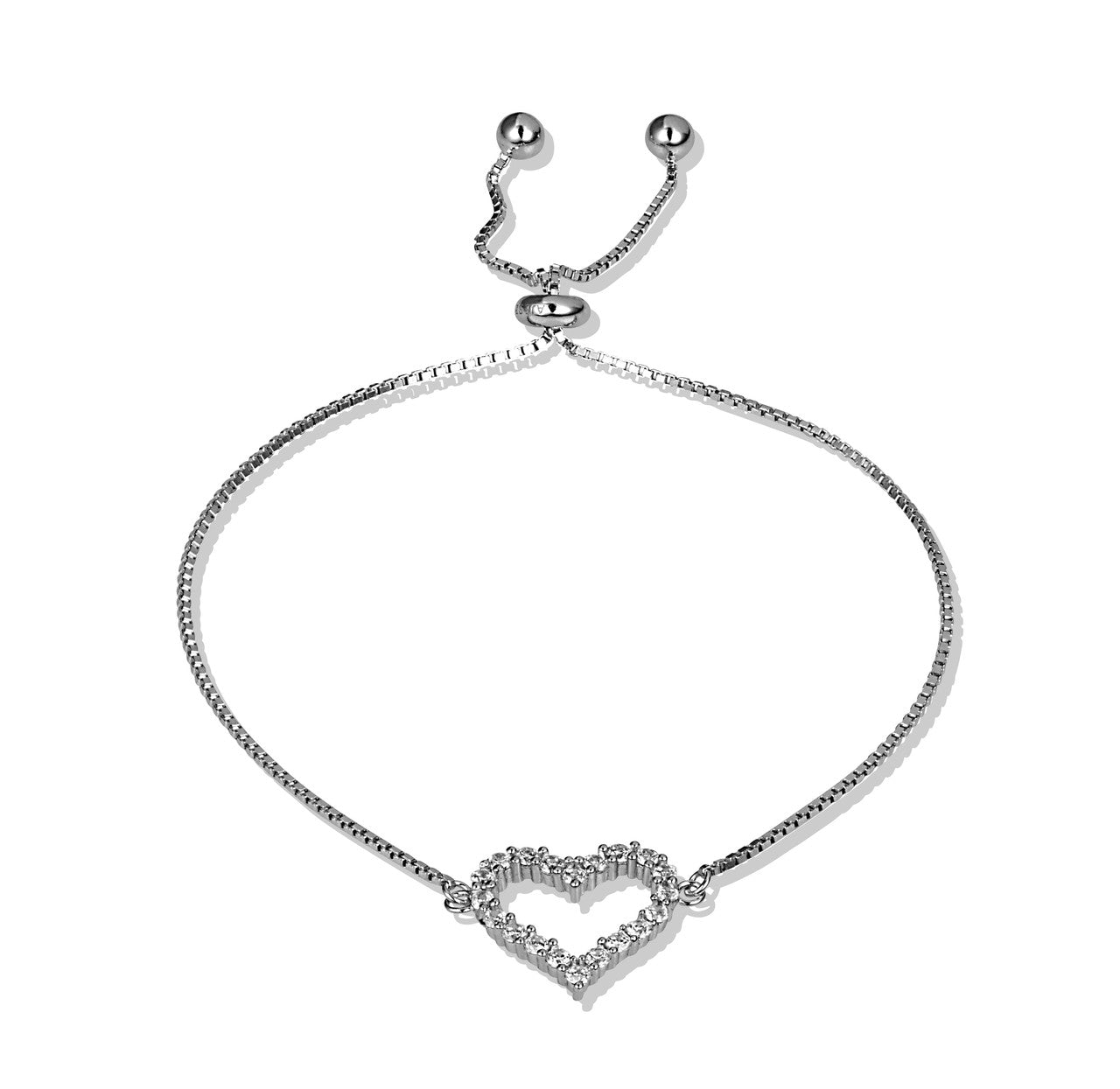 .925 Sterling Silver Adjustable Studded Heart Beaded Lariat Bracelet