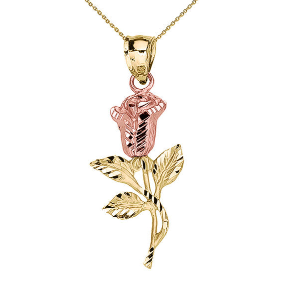 Two-Tone Gold Diamond Cut Rose Flower Pendant Necklace (Available in Two-Tone Rose/White Gold)