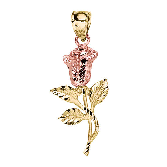 Two-Tone Gold Diamond Cut Rose Flower Pendant Necklace (Available in Two-Tone Rose/White Gold)