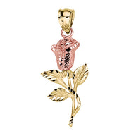 Two-Tone Gold Diamond Cut Rose Flower Pendant Necklace (Available in Two-Tone Rose/White Gold)