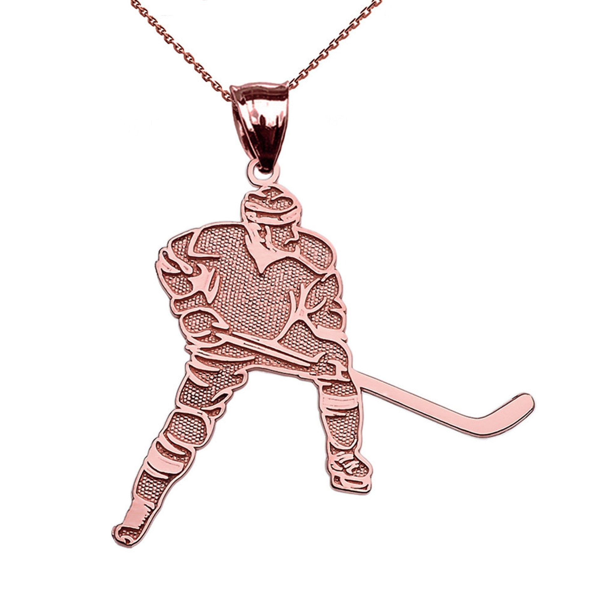 Solid Gold Textured Hockey Player Sports Pendant Necklace(Available in Yellow/Rose/White Gold)