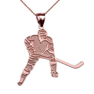 Solid Gold Textured Hockey Player Sports Pendant Necklace(Available in Yellow/Rose/White Gold)