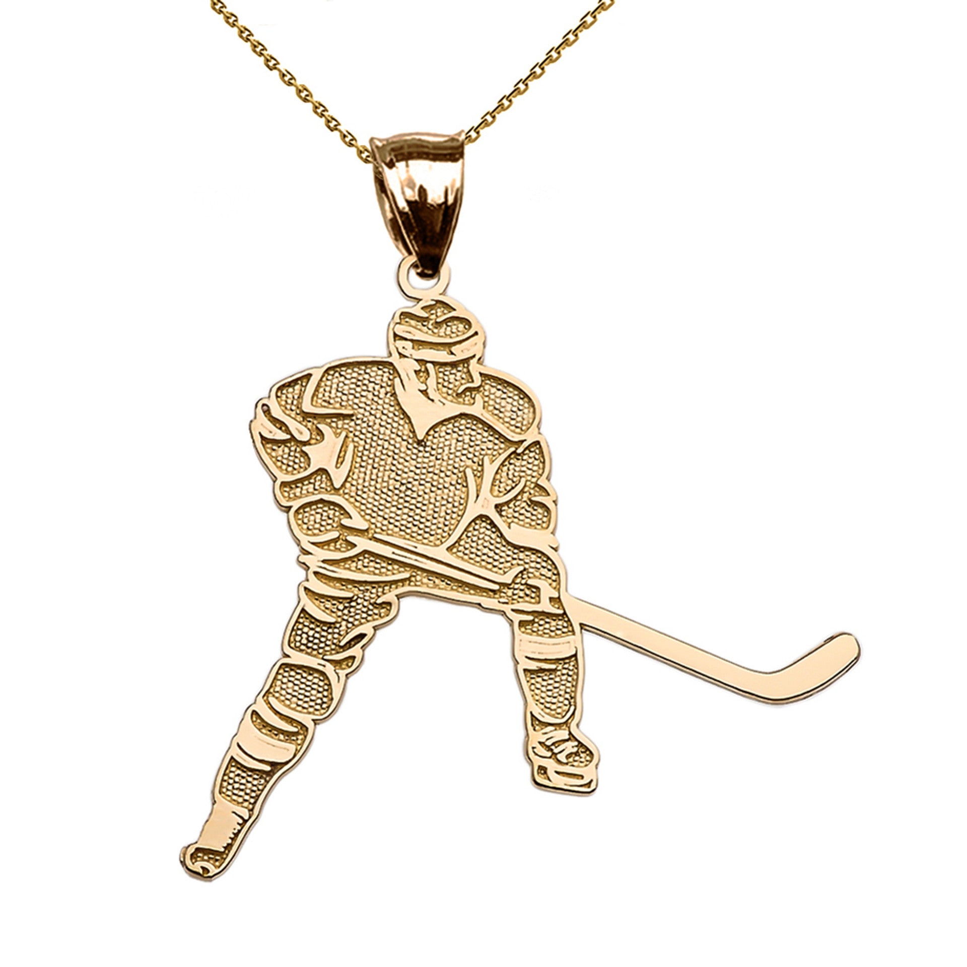 Solid Gold Textured Hockey Player Sports Pendant Necklace(Available in Yellow/Rose/White Gold)