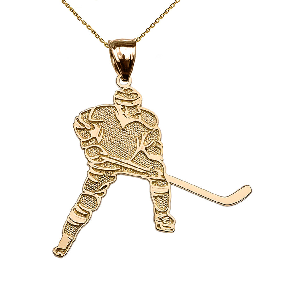 Solid Gold Textured Hockey Player Sports Pendant Necklace(Available in Yellow/Rose/White Gold)