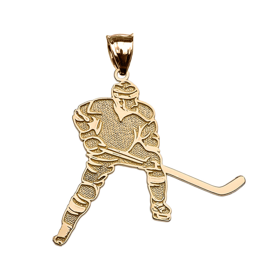 Solid Gold Textured Hockey Player Sports Pendant Necklace(Available in Yellow/Rose/White Gold)
