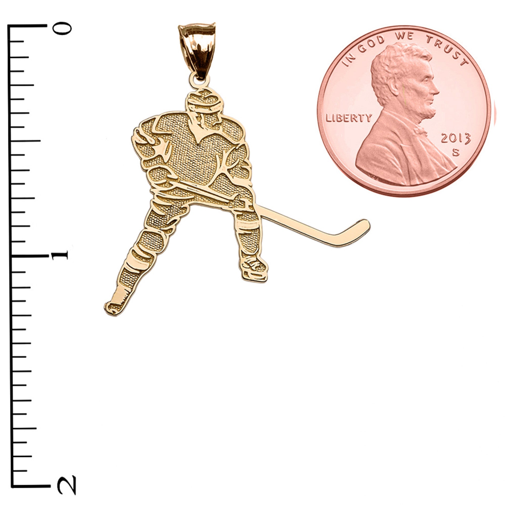 Solid Gold Textured Hockey Player Sports Pendant Necklace(Available in Yellow/Rose/White Gold)