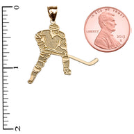Solid Gold Textured Hockey Player Sports Pendant Necklace(Available in Yellow/Rose/White Gold)