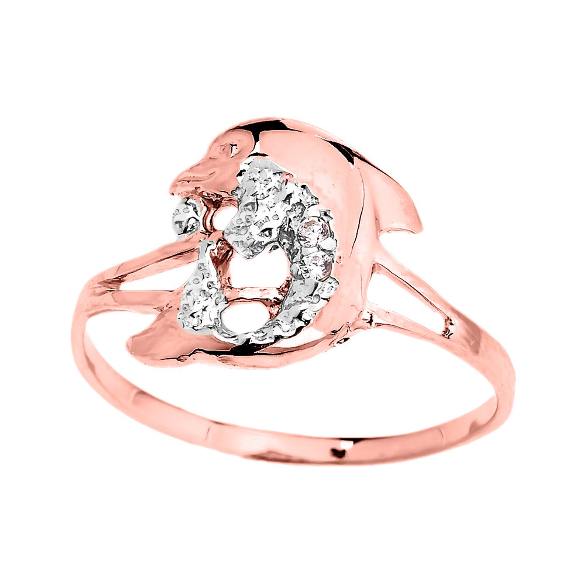 Two-Tone Gold Cubic Zirconia Dolphin Ring (Available in Two-Tone/Yellow/Rose/White Gold)