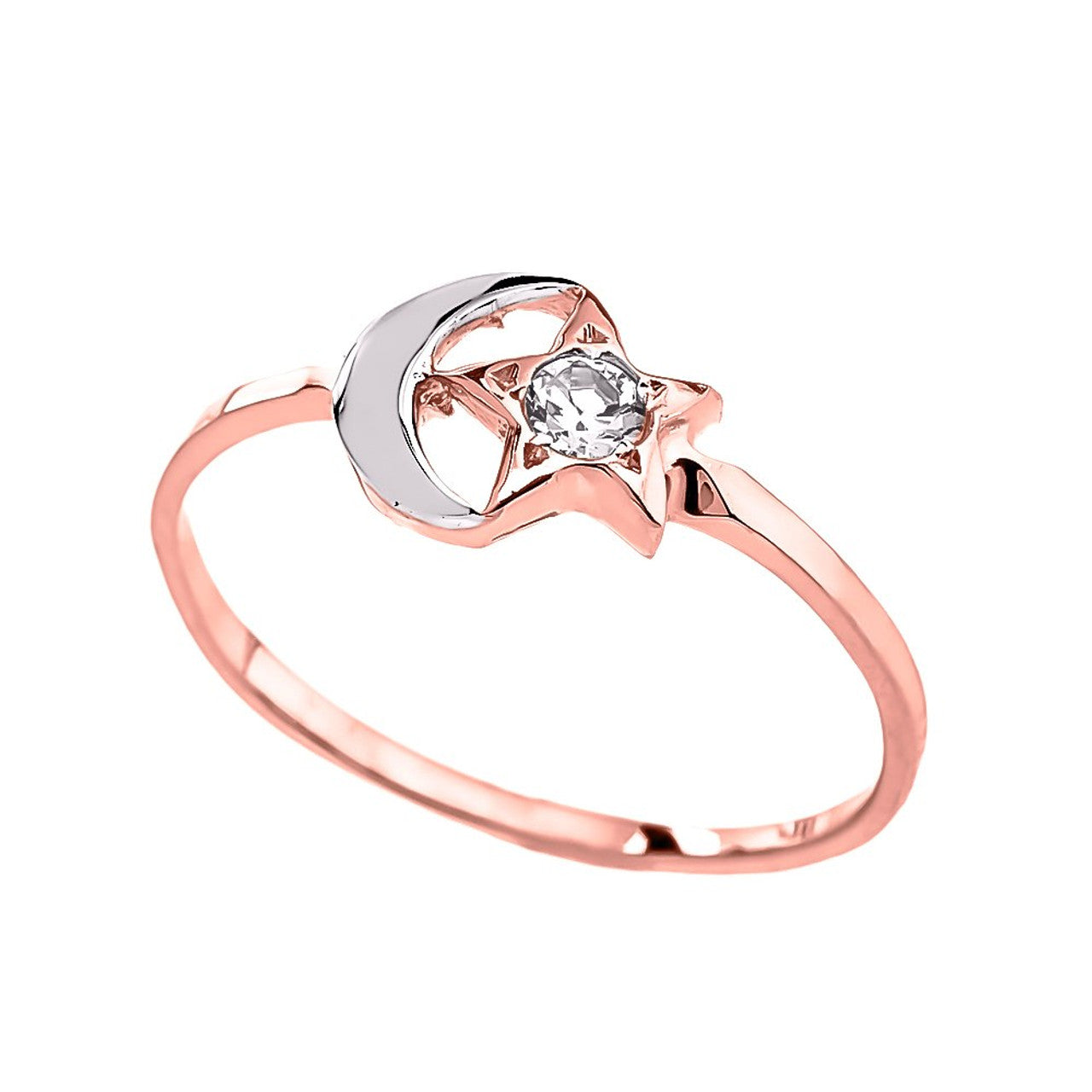 Gold Crescent Moon and Star CZ Ring( Available in Yellow/Rose/White Gold )
