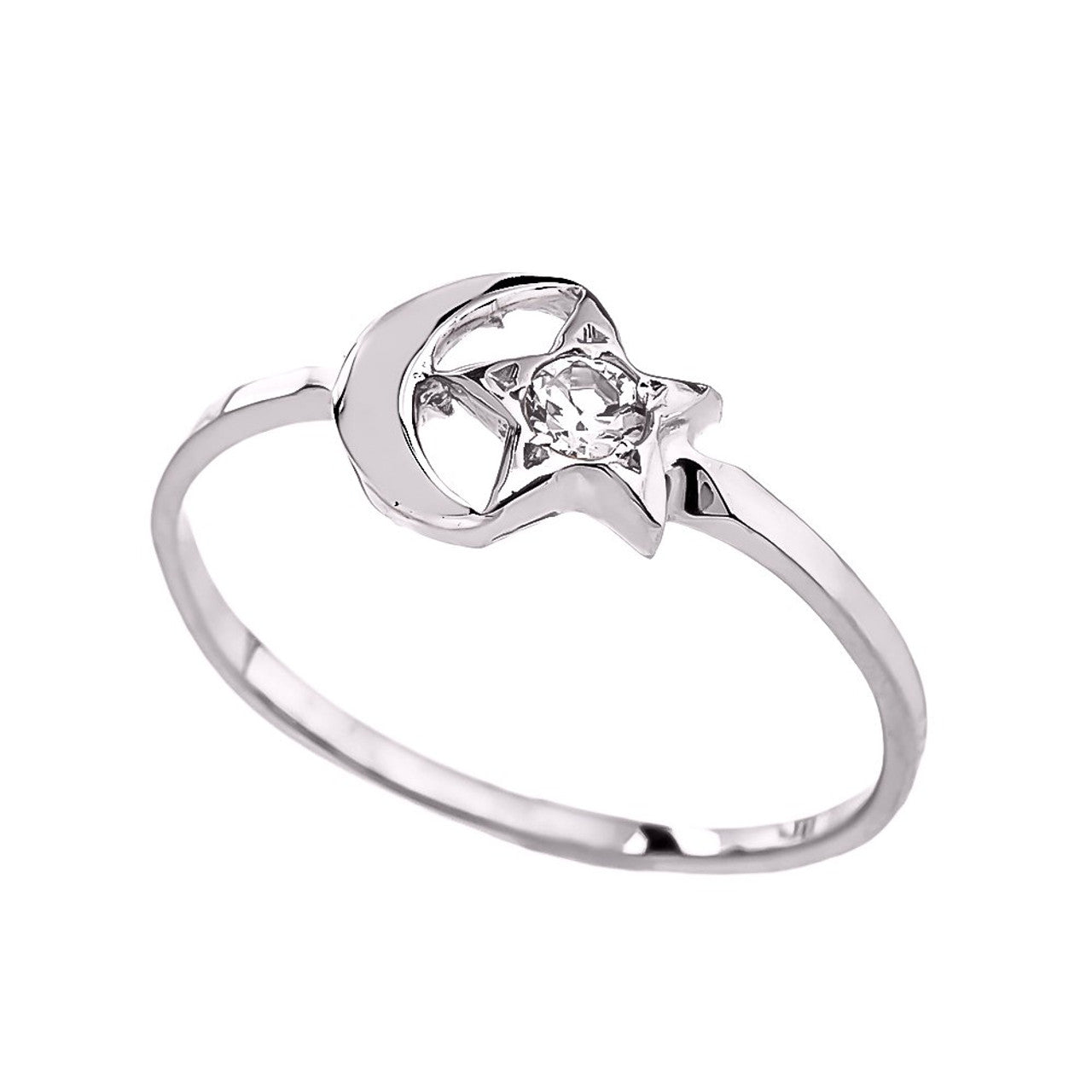 Gold Crescent Moon and Star CZ Ring( Available in Yellow/Rose/White Gold )