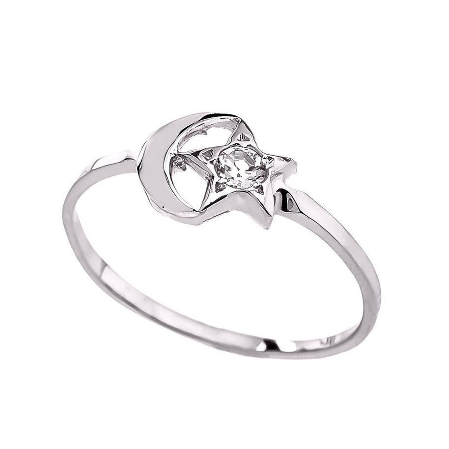 Gold Crescent Moon and Star CZ Ring( Available in Yellow/Rose/White Gold )