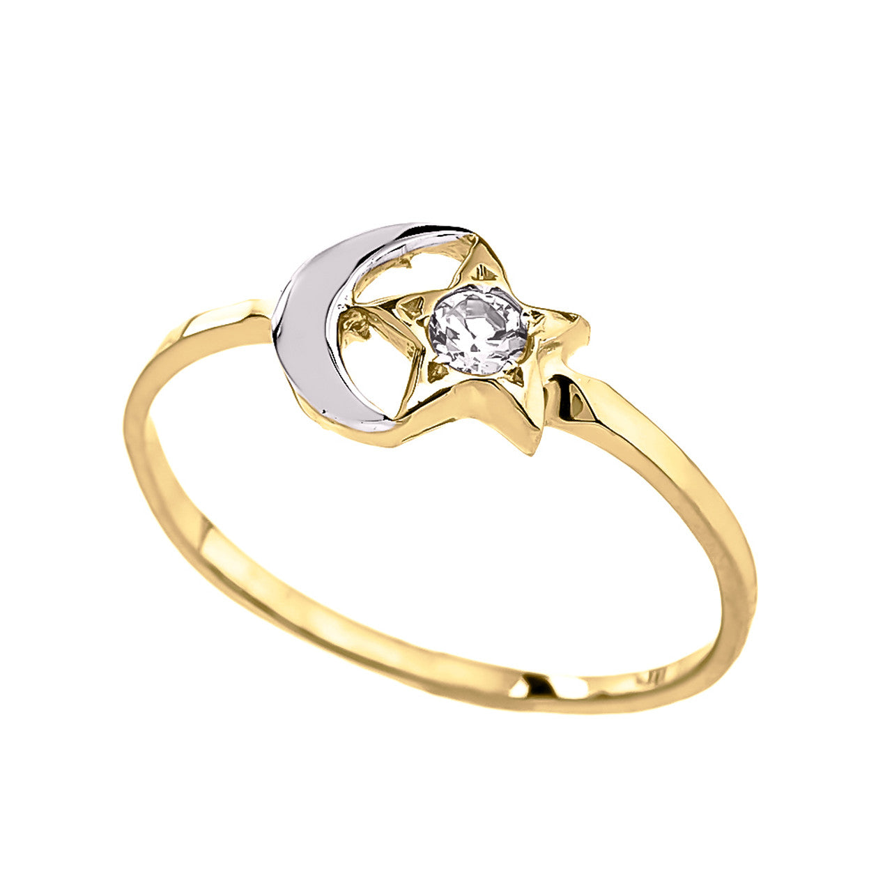 Gold Crescent Moon and Star CZ Ring( Available in Yellow/Rose/White Gold )