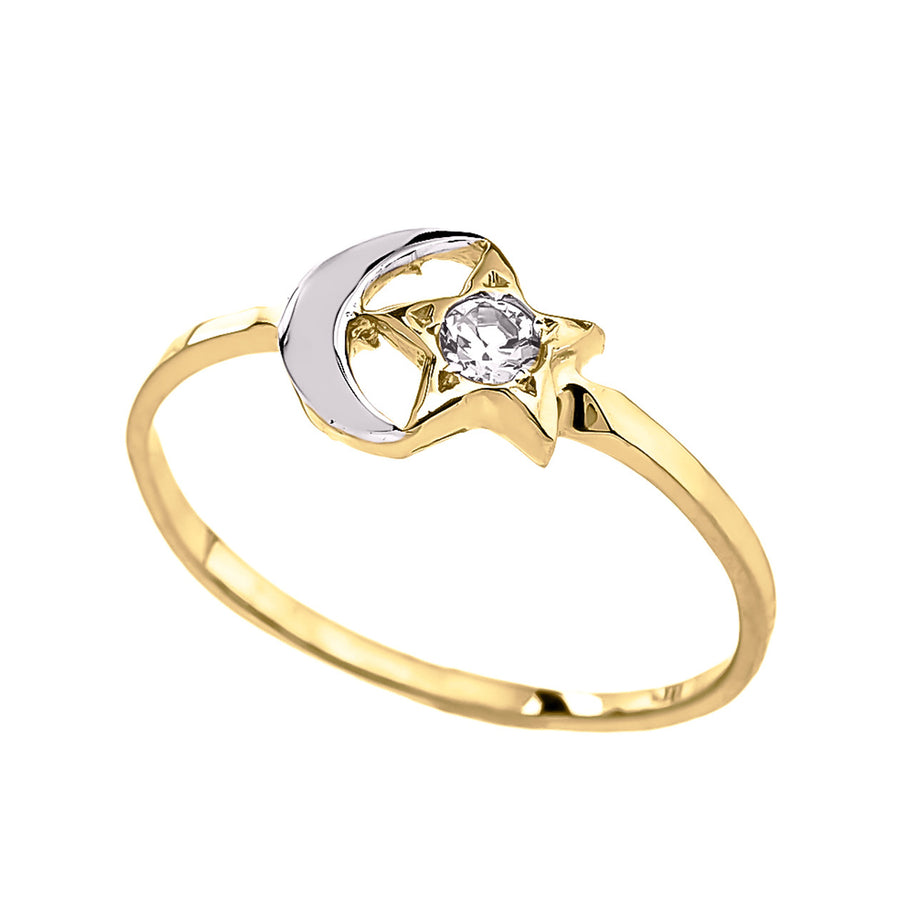 Gold Crescent Moon and Star CZ Ring( Available in Yellow/Rose/White Gold )