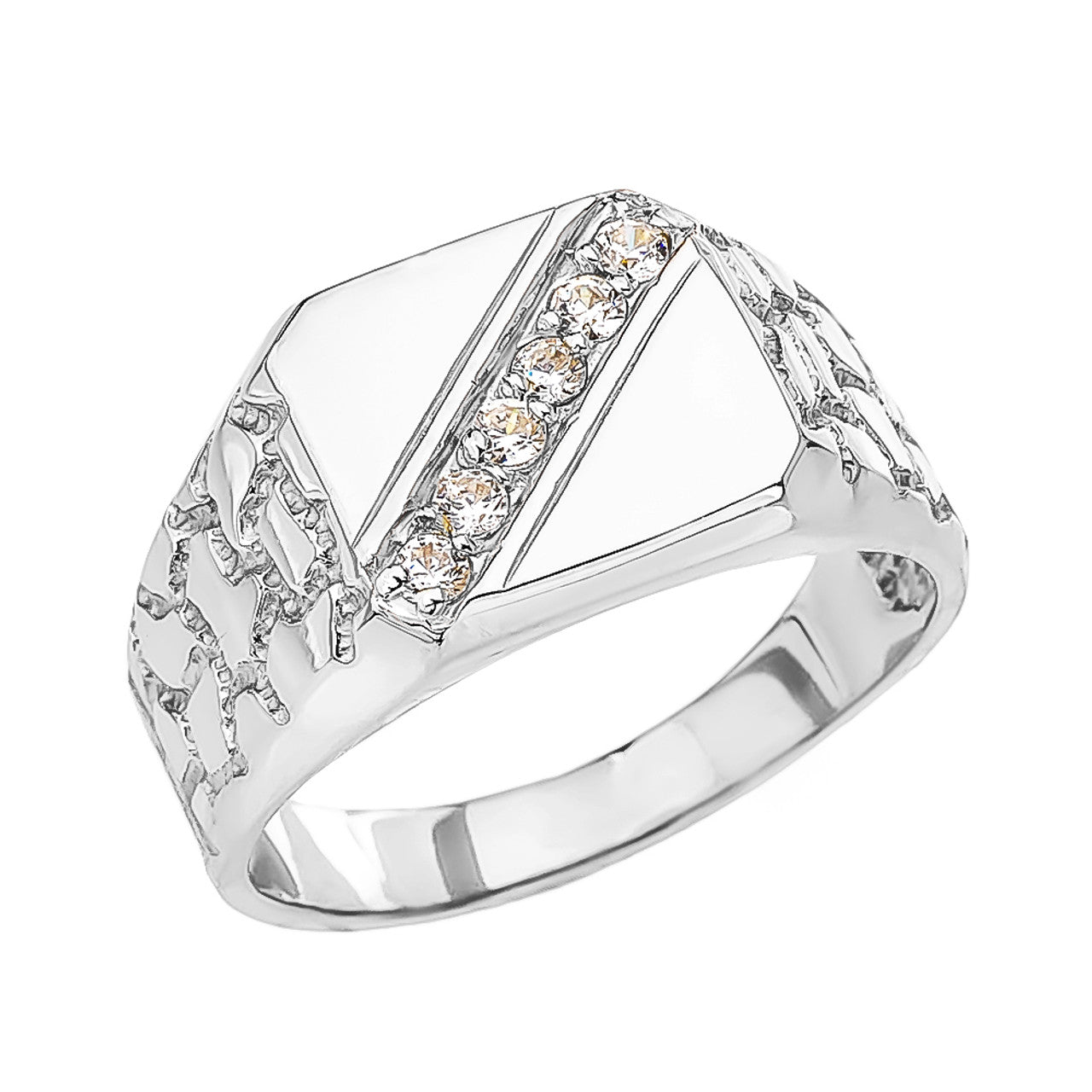 Sterling Silver Cubic Zirconia Signet Men's Nugget Ring