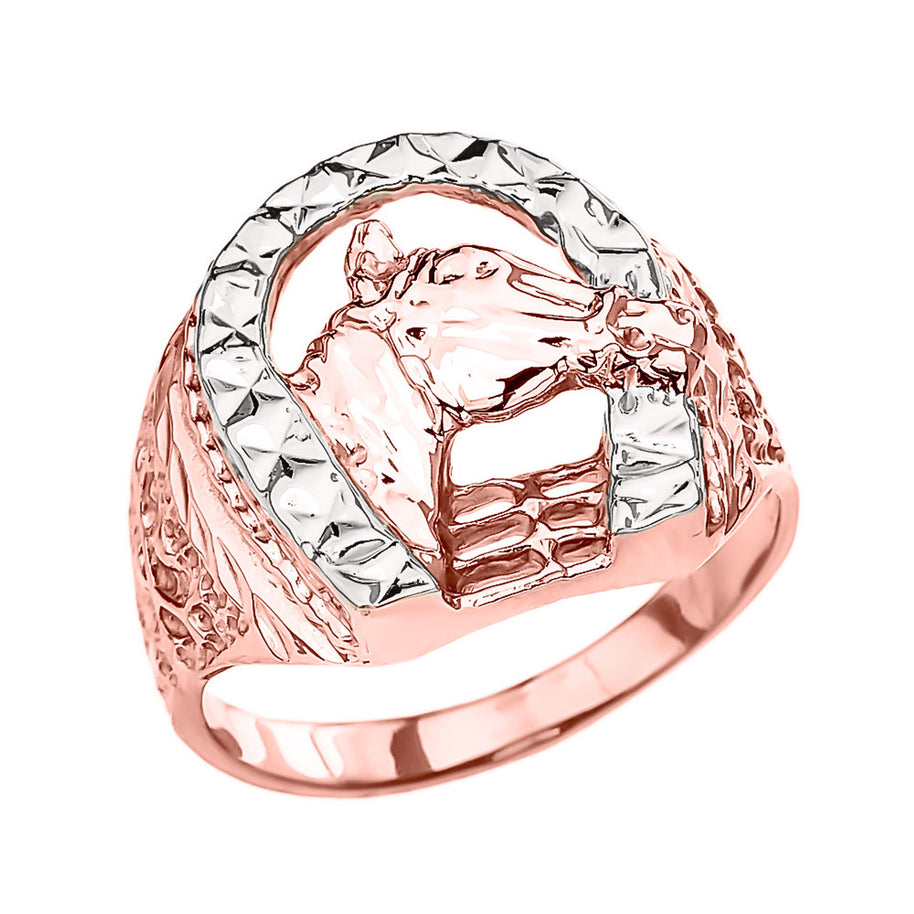 Two-Tone Gold Diamond Cut Lucky Horseshoe Ring (Available in Two-Tone/Yellow/Rose/White Gold)