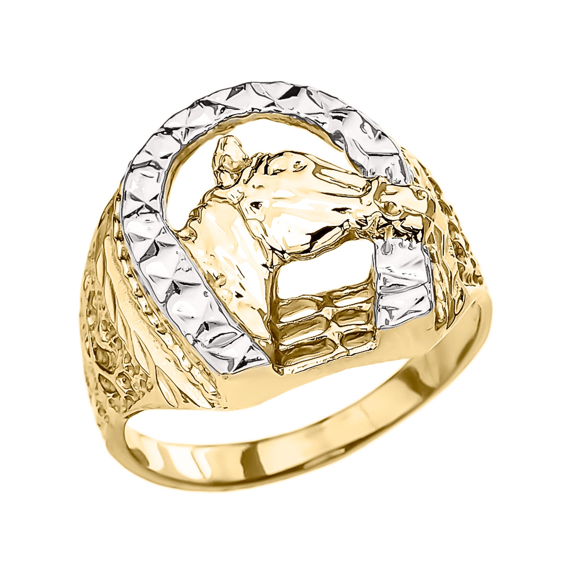 Two-Tone Gold Diamond Cut Lucky Horseshoe Ring (Available in Two-Tone/Yellow/Rose/White Gold)