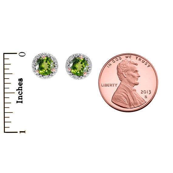 Halo Stud Earrings in Two Tone Rose Gold with Solitaire Peridot and Diamonds