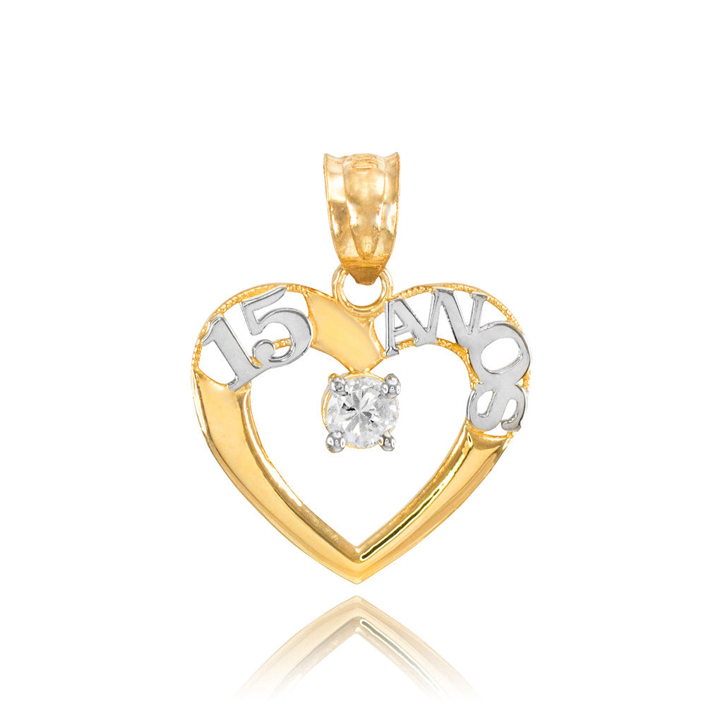 14K Two-Tone Gold Cubic Zirconia 15 Años Heart Quinceañera Pendant Necklace