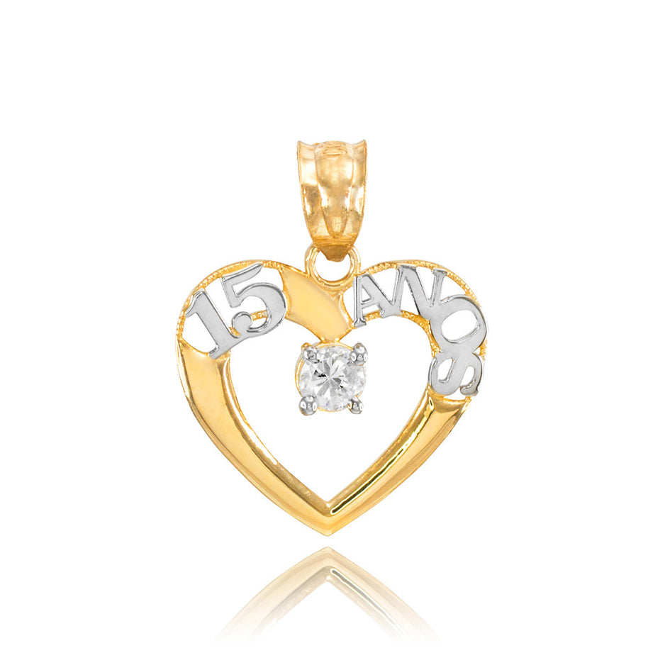 14K Two-Tone Gold Cubic Zirconia 15 Años Heart Quinceañera Pendant Necklace