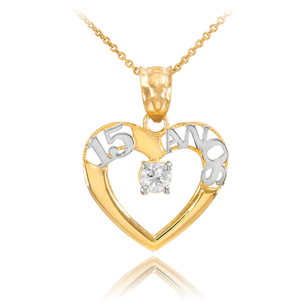 14K Two-Tone Gold Cubic Zirconia 15 Años Heart Quinceañera Pendant Necklace