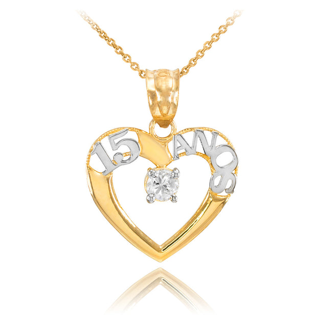 14K Two-Tone Gold Cubic Zirconia 15 Años Heart Quinceañera Pendant Necklace