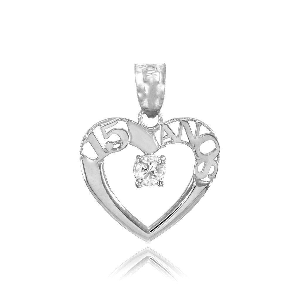 14K White Gold 15 Años Quinceanera Heart CZ Pendant Necklace