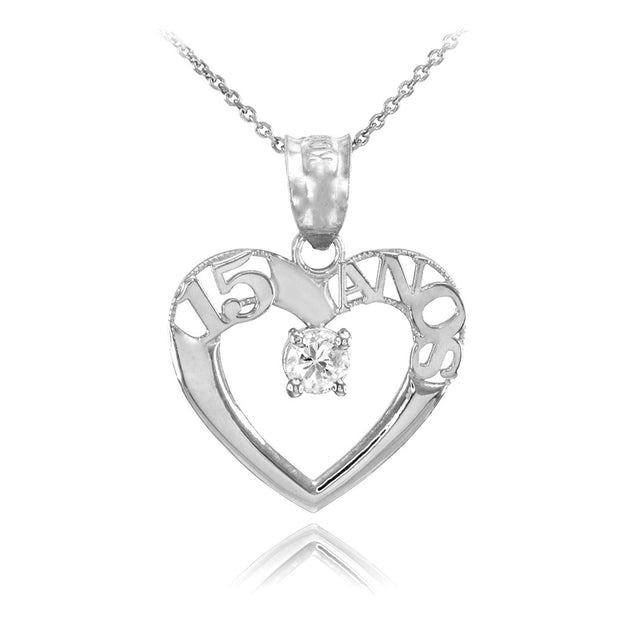 14K White Gold 15 Años Quinceanera Heart CZ Pendant Necklace