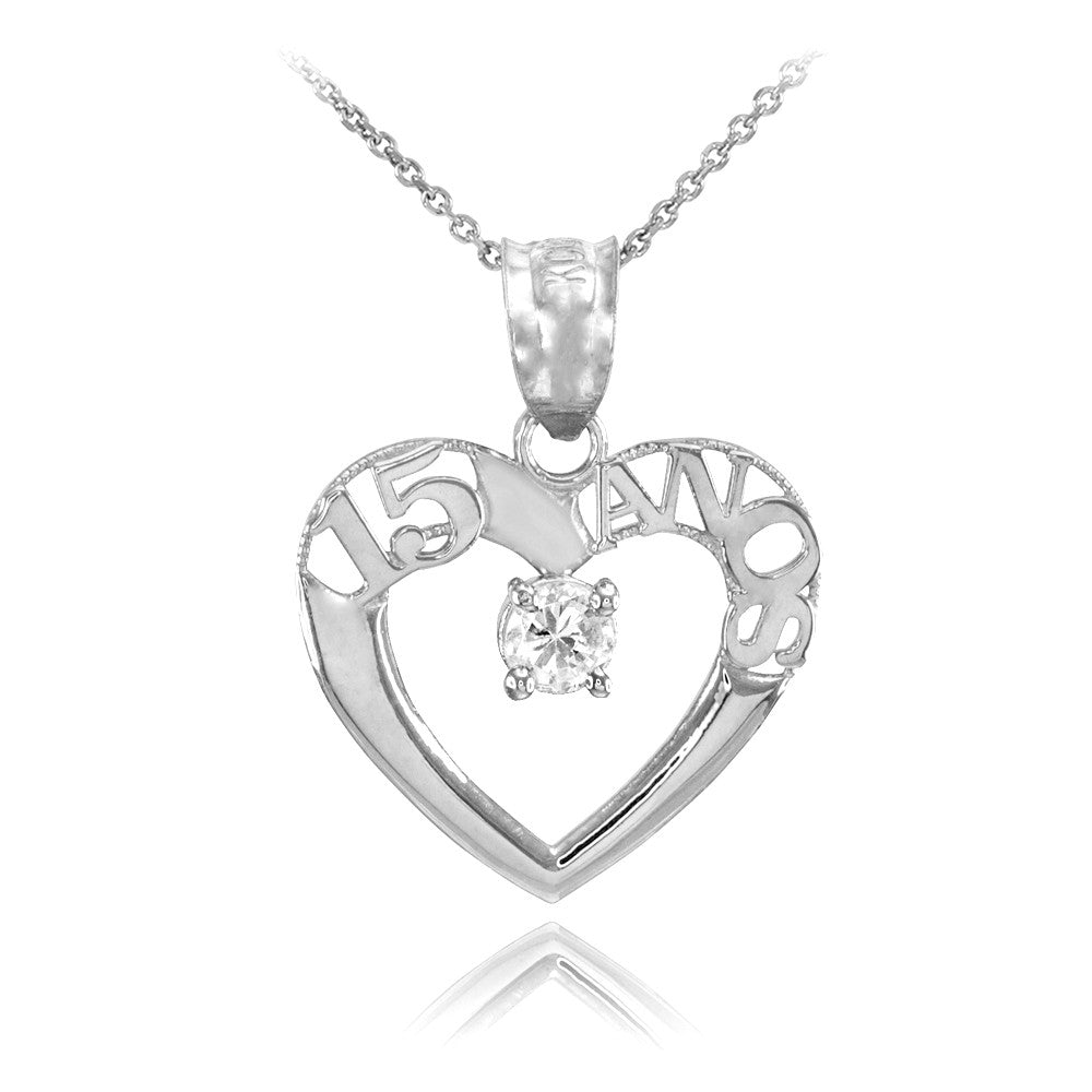 .925 Sterling Silver Cubic Zirconia 15 Años Heart Quinceañera Pendant Necklace