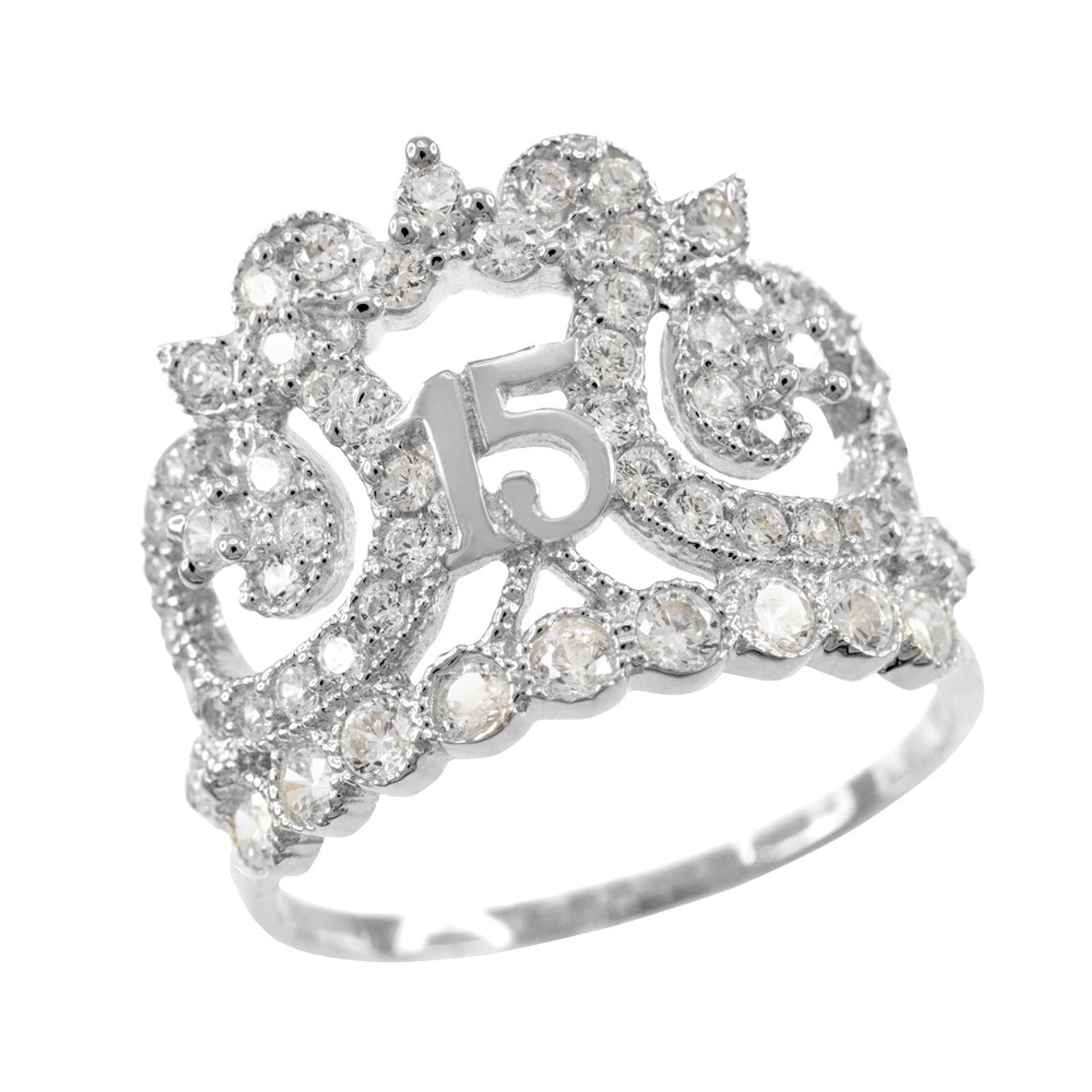 Gold Cubic Zirconia Crown Filigree 15 Años Quinceañera Ring(Available in Yellow/Rose/White)