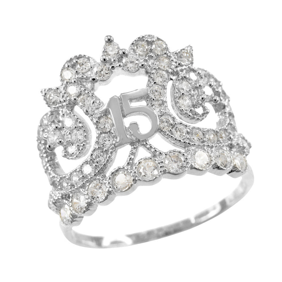 Gold Cubic Zirconia Crown Filigree 15 Años Quinceañera Ring(Available in Yellow/Rose/White)