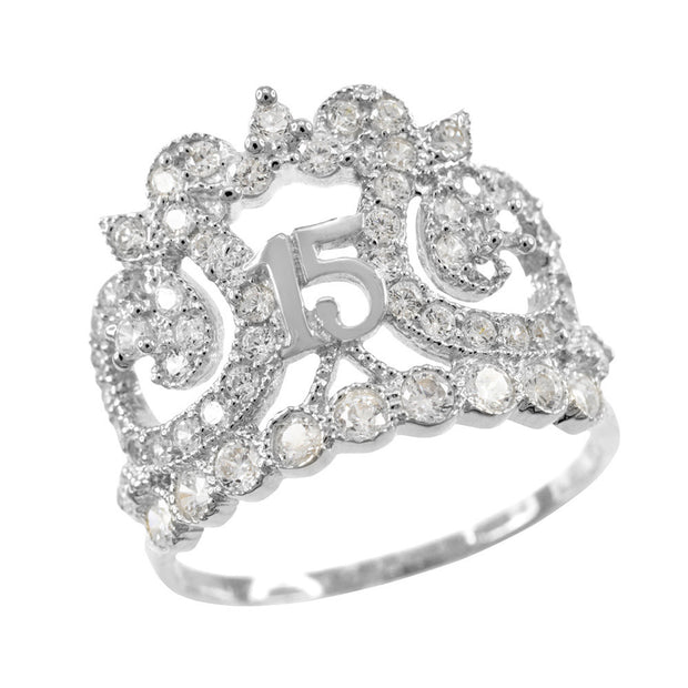 Gold Cubic Zirconia Crown Filigree 15 Años Quinceañera Ring(Available in Yellow/Rose/White)