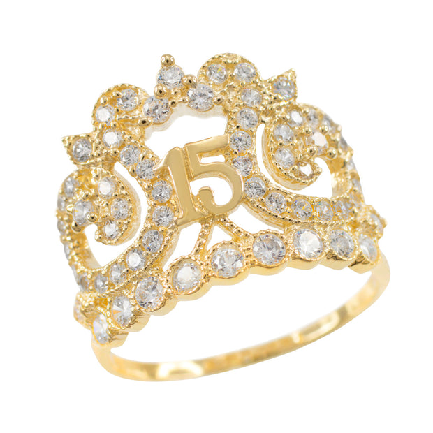 Gold Cubic Zirconia Crown Filigree 15 Años Quinceañera Ring(Available in Yellow/Rose/White)