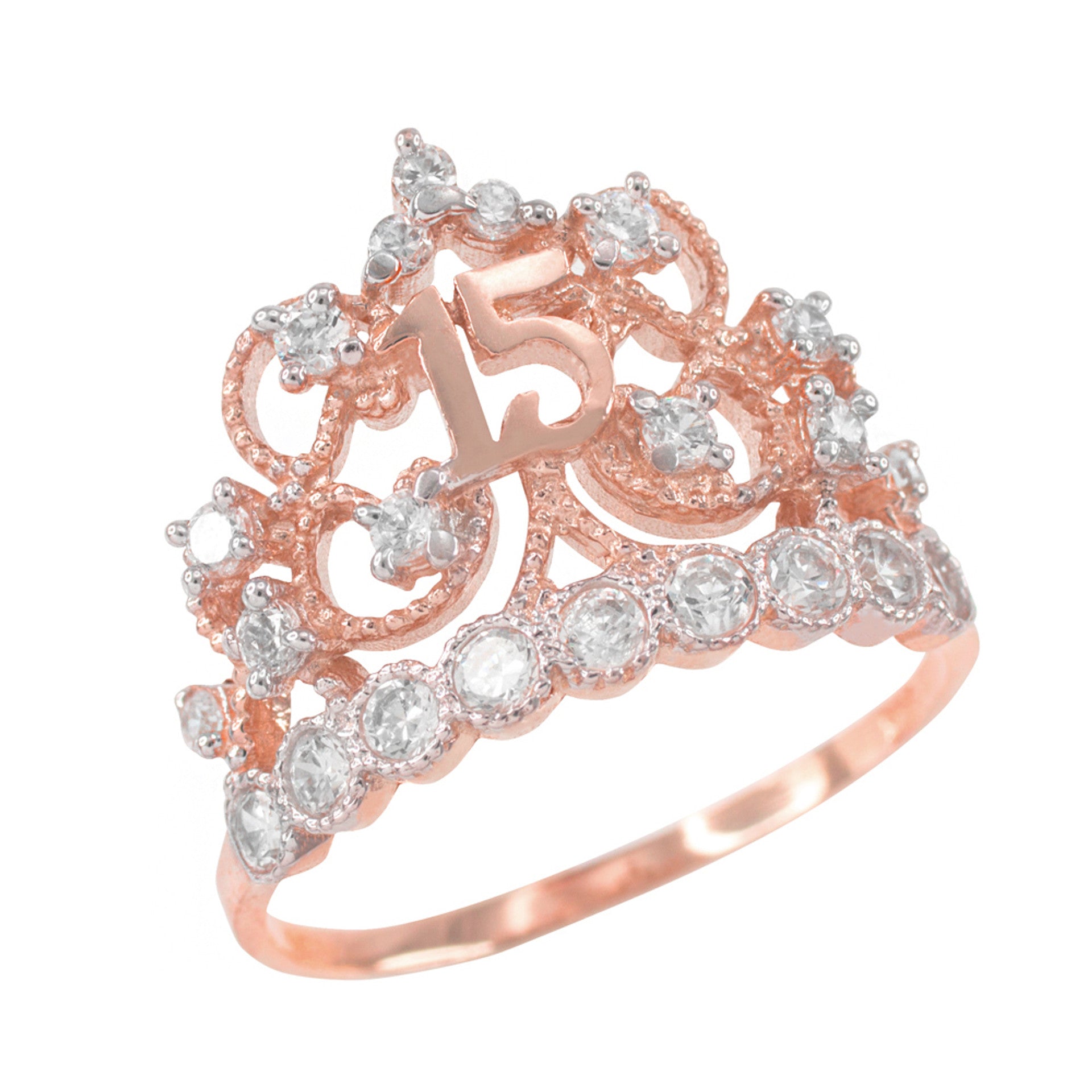 Two-Tone Solid Gold Cubic Zirconia Crown 15 Años Filigree Quinceañera Ring (Available in Yellow/Rose/White Gold)