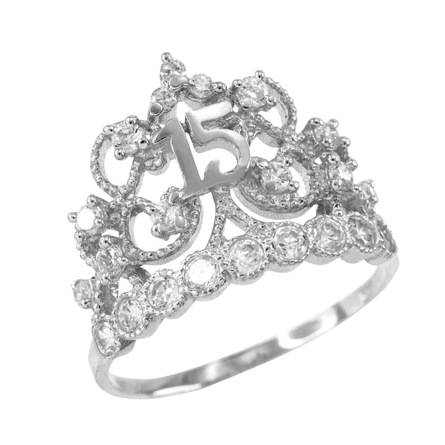 Two-Tone Solid Gold Cubic Zirconia Crown 15 Años Filigree Quinceañera Ring (Available in Yellow/Rose/White Gold)