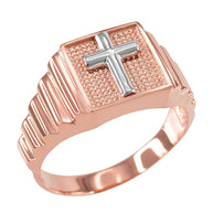 Two-Tone Gold Religious Cross Textured Men's Signet Ring (Available in Yellow/Rose/White Gold)
