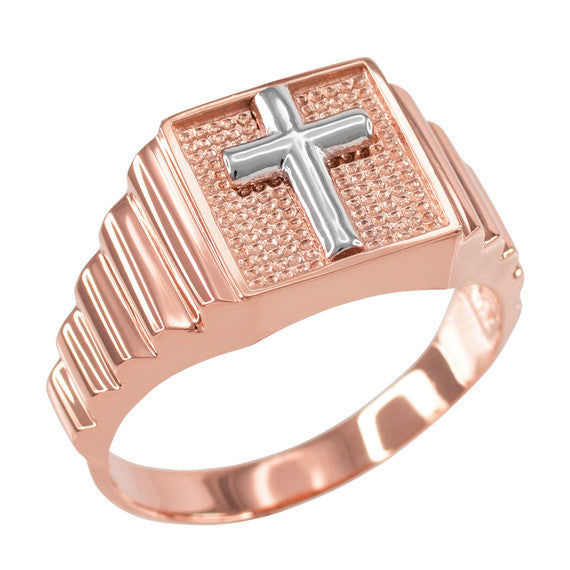 Two-Tone Gold Religious Cross Textured Men's Signet Ring (Available in Yellow/Rose/White Gold)