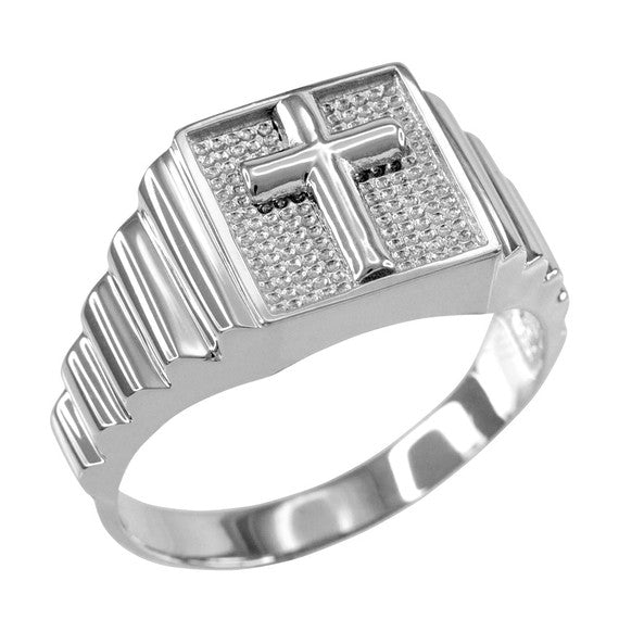 Two-Tone Gold Religious Cross Textured Men's Signet Ring (Available in Yellow/Rose/White Gold)