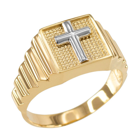 Two-Tone Gold Religious Cross Textured Men's Signet Ring (Available in Yellow/Rose/White Gold)