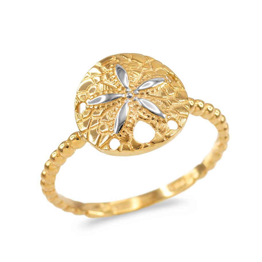 Two-Tone White and Yellow Gold Beaded Band Sand Dollar Ring