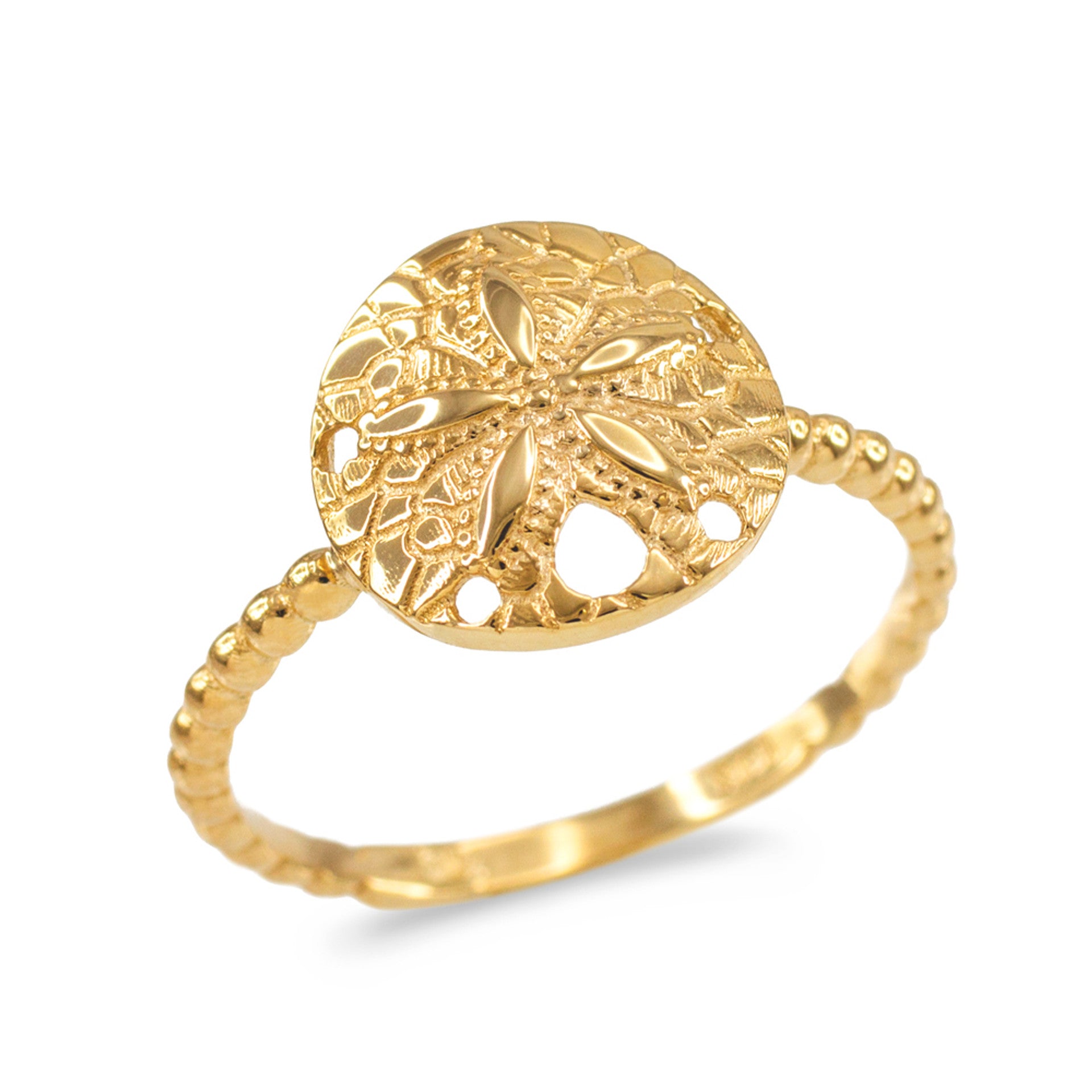 Solid Gold Beaded Band Sand Dollar Ring(Available in Yellow/Rose/White Gold)