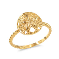 Solid Gold Beaded Band Sand Dollar Ring(Available in Yellow/Rose/White Gold)