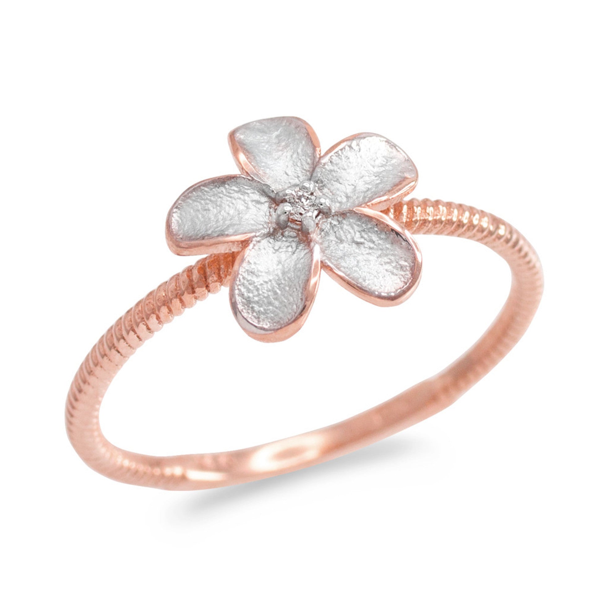 Two-Tone Gold Diamond Hawaiian Plumeria Flower Ring (Available in Yellow/Rose/White Gold)