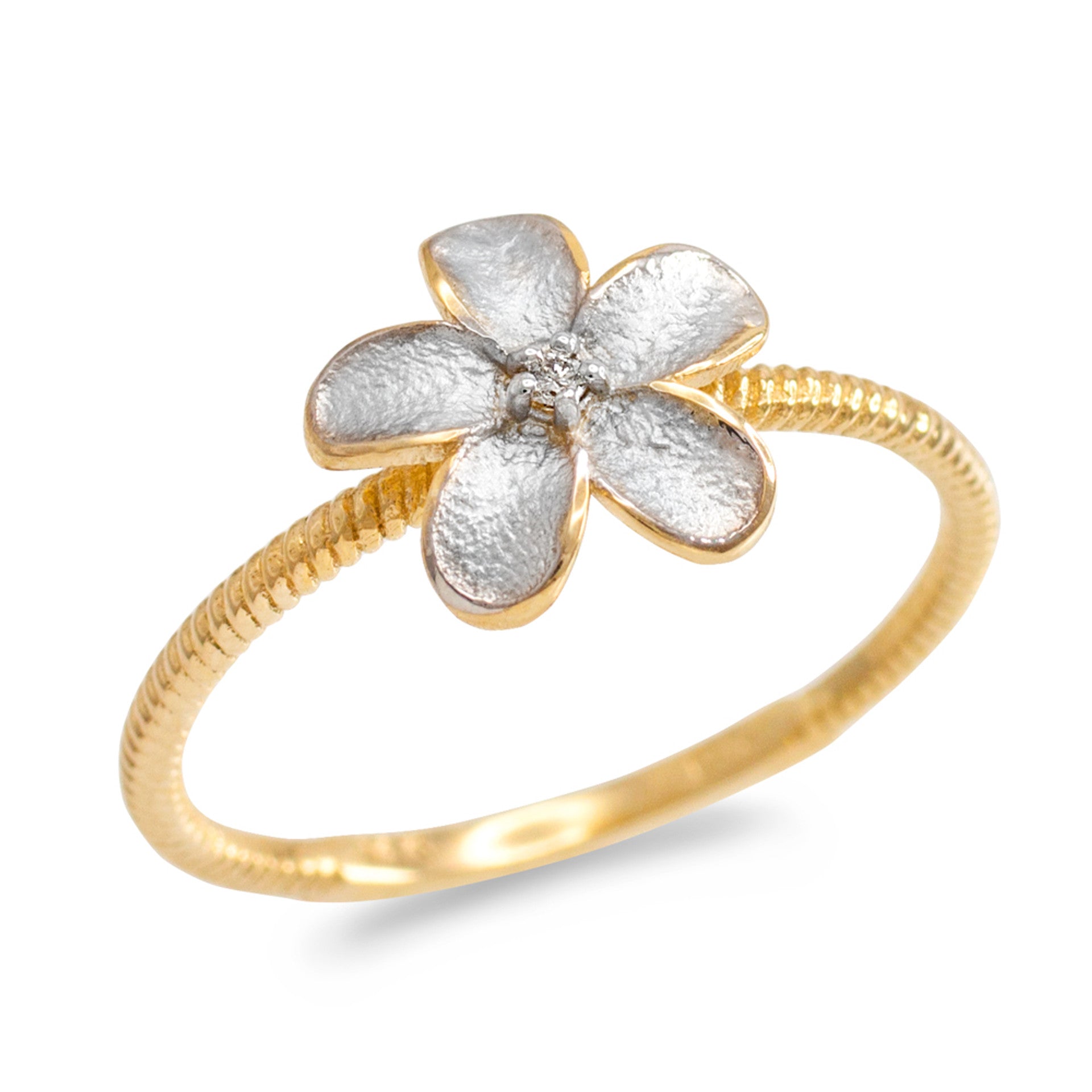 Two-Tone Gold Diamond Hawaiian Plumeria Flower Ring (Available in Yellow/Rose/White Gold)