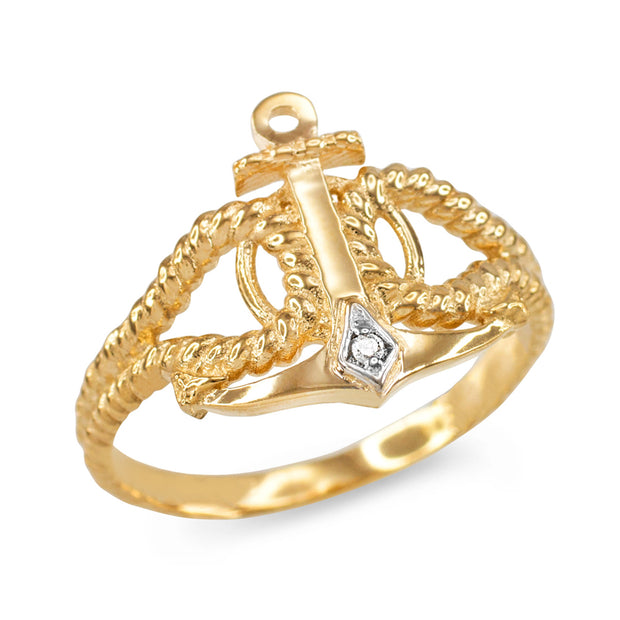Gold Diamond Nautical Anchor Rope Ring (Available in Yellow/Rose/White Gold)