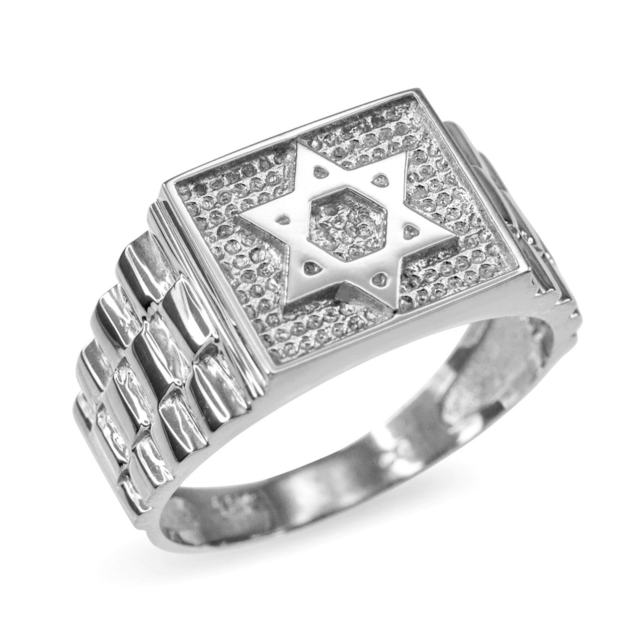 .925 Sterling Silver Beaded Jewish Star of David Watchband Signet Ring