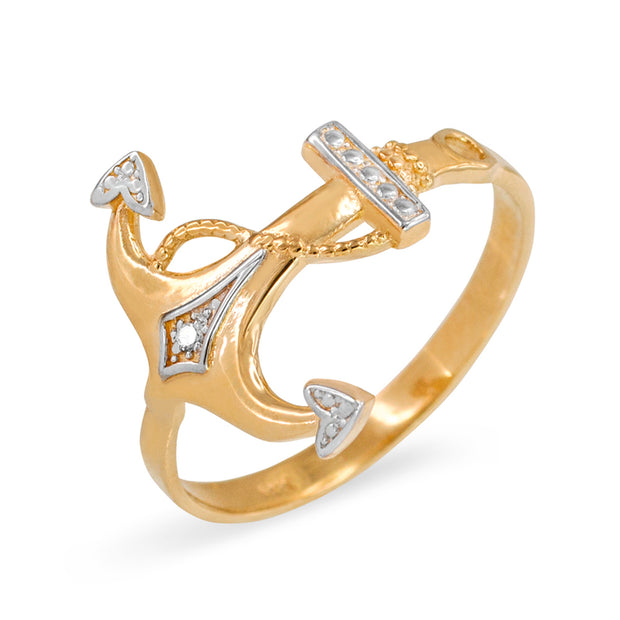 Two-Tone Gold Diamond Nautical Anchor Ring (Available in Two-Tone/Yellow/Rose/White Gold)